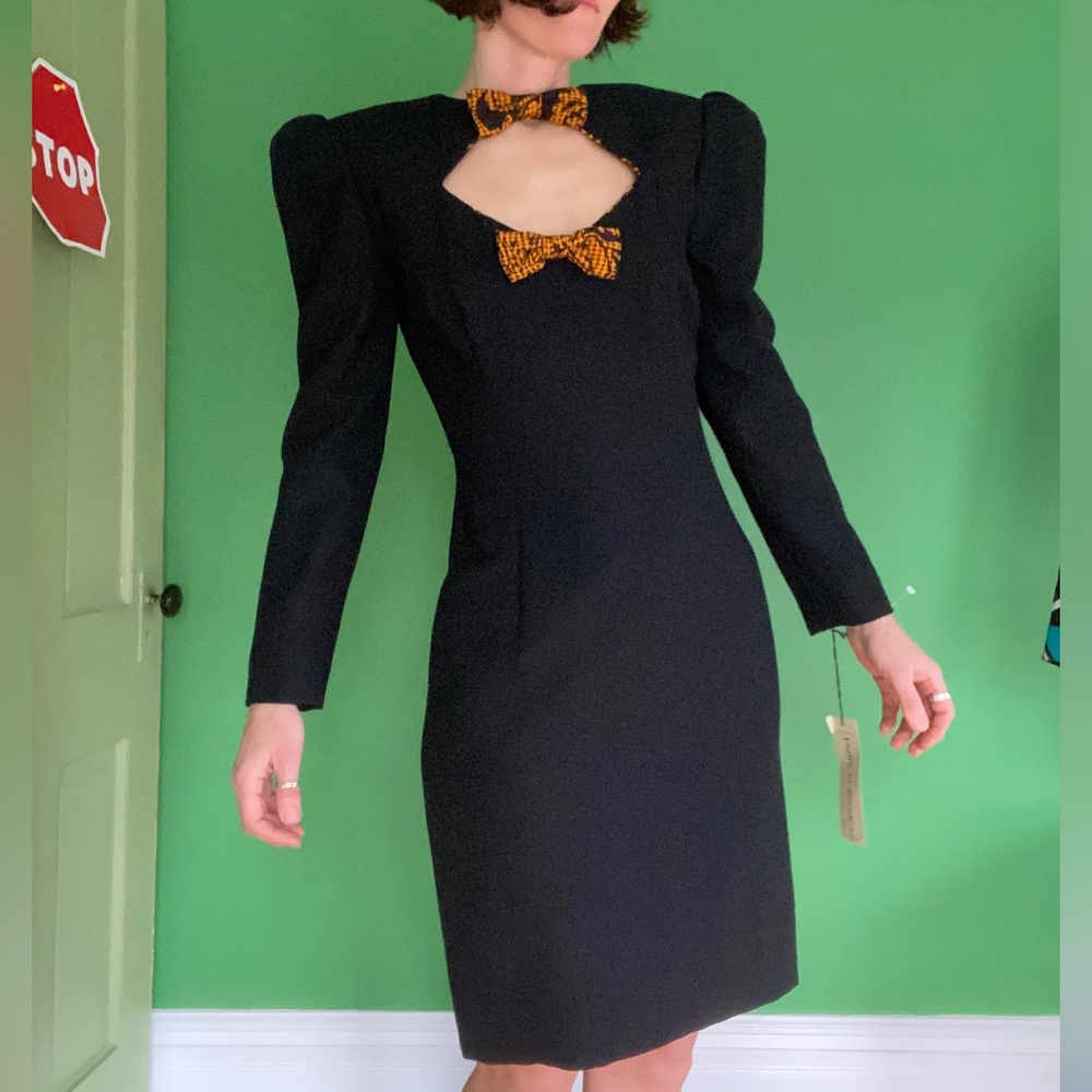 Vintage 90s Patricia Rhodes Black Dress cut out collar with Bow Detail